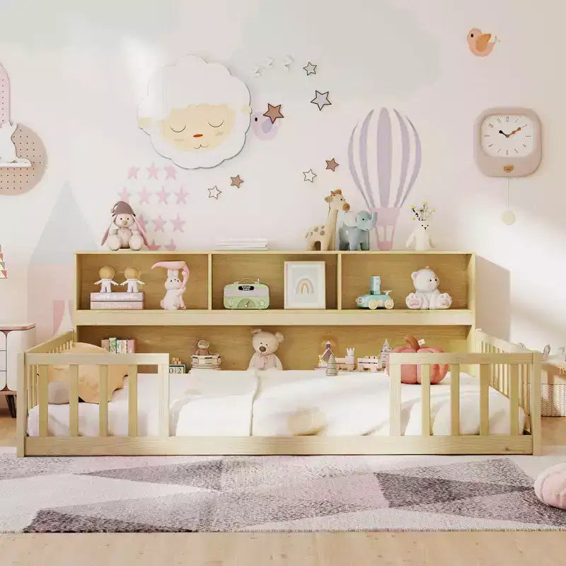 Costway Full Size Montessori Floor Bed with Bookcase Storage Shelves & Safety Fence Rails Pink/Natural/White/Gray