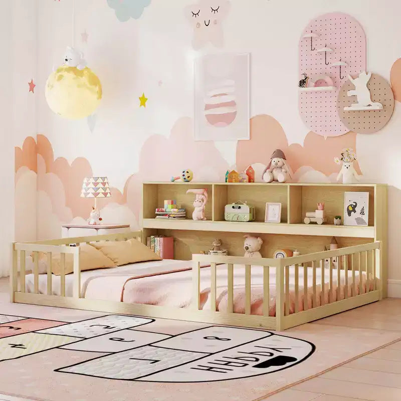Costway Full Size Montessori Floor Bed with Bookcase Storage Shelves & Safety Fence Rails Pink/Natural/White/Gray