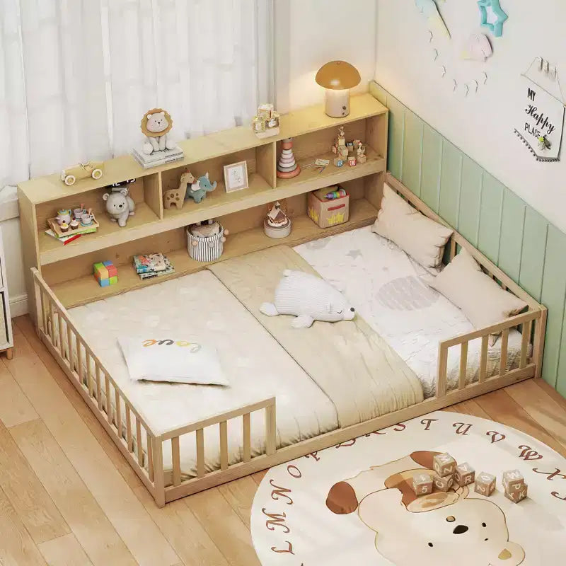 Costway Full Size Montessori Floor Bed with Bookcase Storage Shelves & Safety Fence Rails Pink/Natural/White/Gray