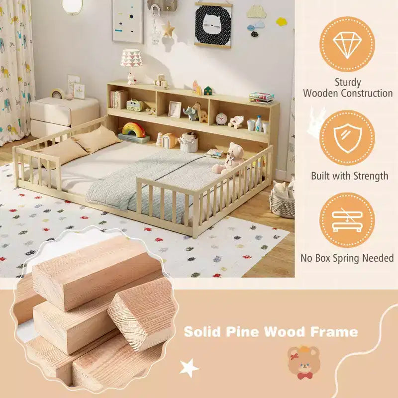 Costway Full Size Montessori Floor Bed with Bookcase Storage Shelves & Safety Fence Rails Pink/Natural/White/Gray