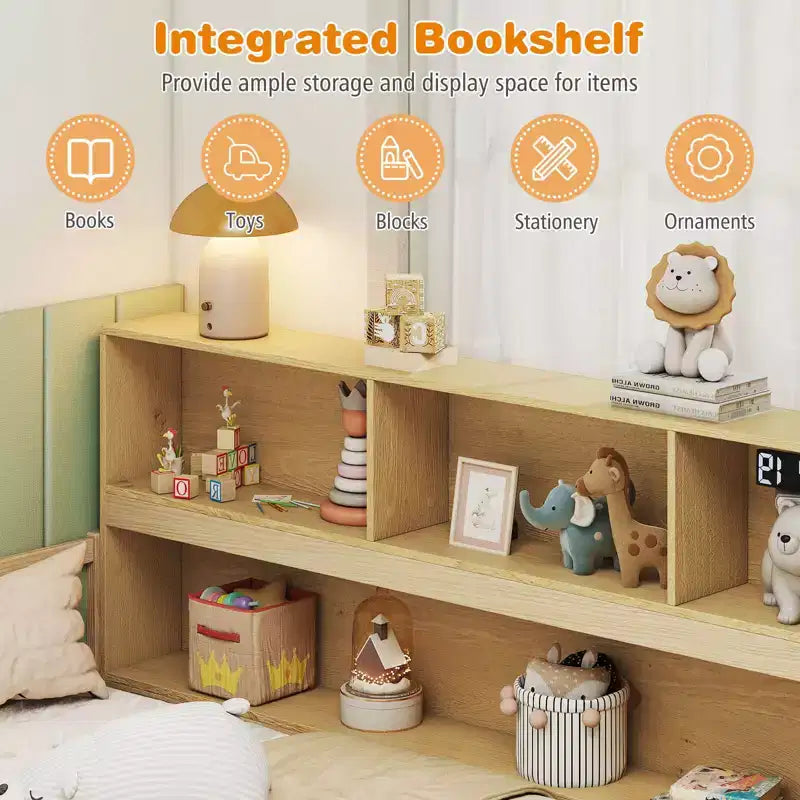Costway Full Size Montessori Floor Bed with Bookcase Storage Shelves & Safety Fence Rails Pink/Natural/White/Gray