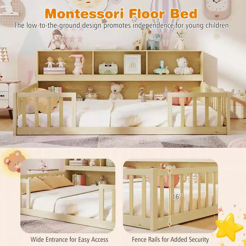 Costway Full Size Montessori Floor Bed with Bookcase Storage Shelves & Safety Fence Rails Pink/Natural/White/Gray