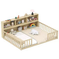 Costway Full Size Montessori Floor Bed with Bookcase Storage Shelves & Safety Fence Rails Pink/Natural/White/Gray