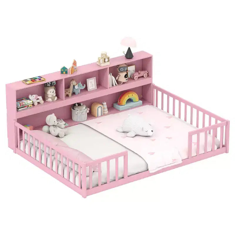 Costway Full Size Montessori Floor Bed with Bookcase Storage Shelves & Safety Fence Rails Pink/Natural/White/Gray