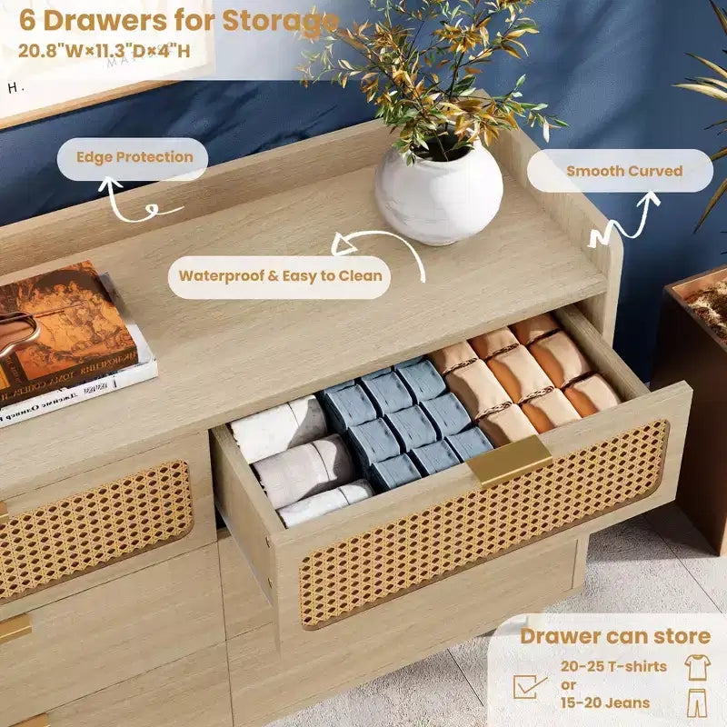 6 Drawer Dresser Rattan Design Large Storage Organizer Mid Century Modern Gold Closet TV Stand with High Legs,