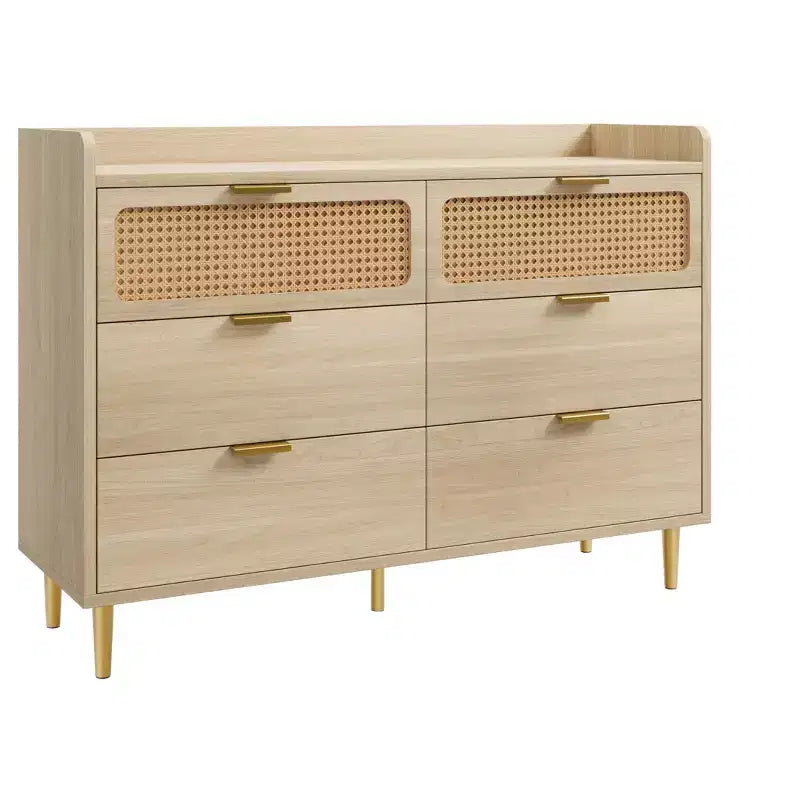 6 Drawer Dresser Rattan Design Large Storage Organizer Mid Century Modern Gold Closet TV Stand with High Legs,