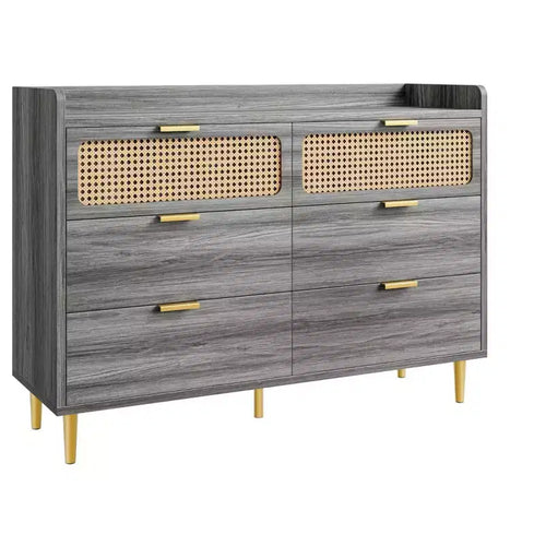 6 Drawer Dresser Rattan Design Large Storage Organizer Mid Century Modern Gold Closet TV Stand with High Legs,