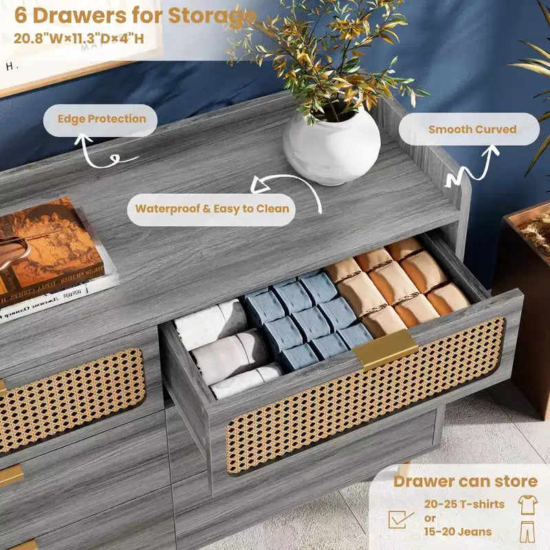 6 Drawer Dresser Rattan Design Large Storage Organizer Mid Century Modern Gold Closet TV Stand with High Legs,