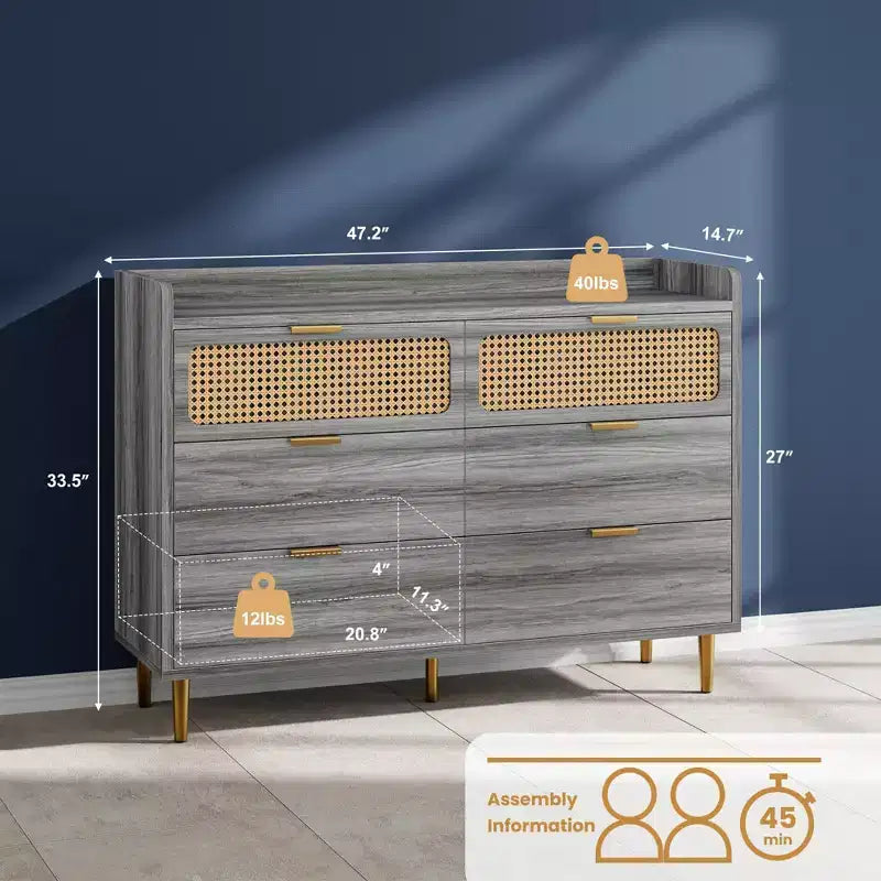 6 Drawer Dresser Rattan Design Large Storage Organizer Mid Century Modern Gold Closet TV Stand with High Legs,