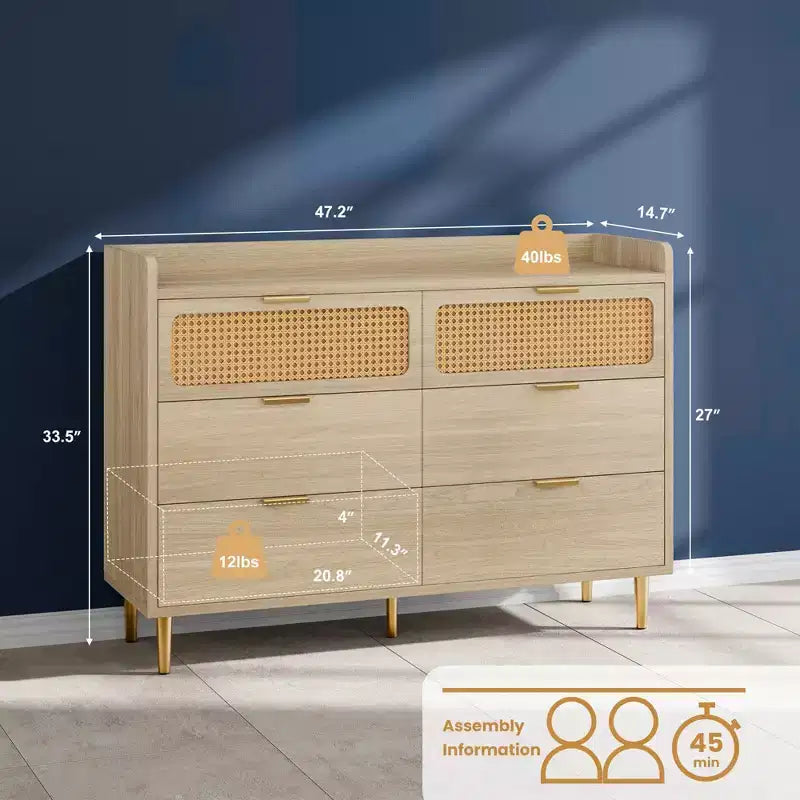 6 Drawer Dresser Rattan Design Large Storage Organizer Mid Century Modern Gold Closet TV Stand with High Legs,