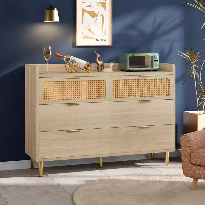 6 Drawer Dresser Rattan Design Large Storage Organizer Mid Century Modern Gold Closet TV Stand with High Legs,