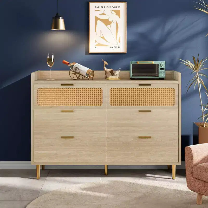 6 Drawer Dresser Rattan Design Large Storage Organizer Mid Century Modern Gold Closet TV Stand with High Legs,