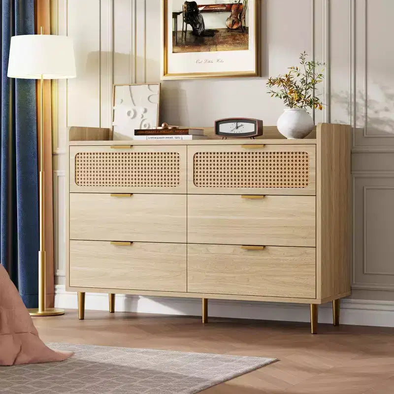 6 Drawer Dresser Rattan Design Large Storage Organizer Mid Century Modern Gold Closet TV Stand with High Legs,