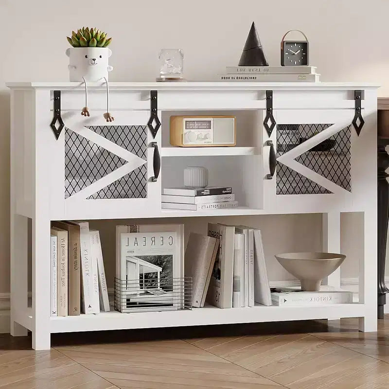 Farmhouse Entryway Table with Sliding Barn Doors, Console Tables for Entryway, Entry Way Table, White