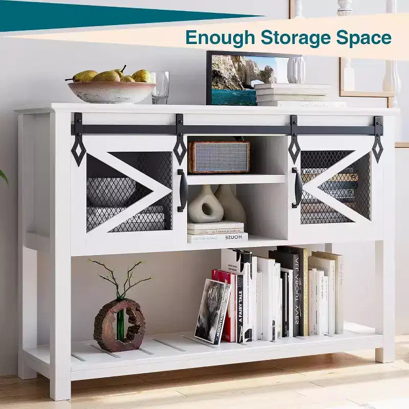 Farmhouse Entryway Table with Sliding Barn Doors, Console Tables for Entryway, Entry Way Table, White