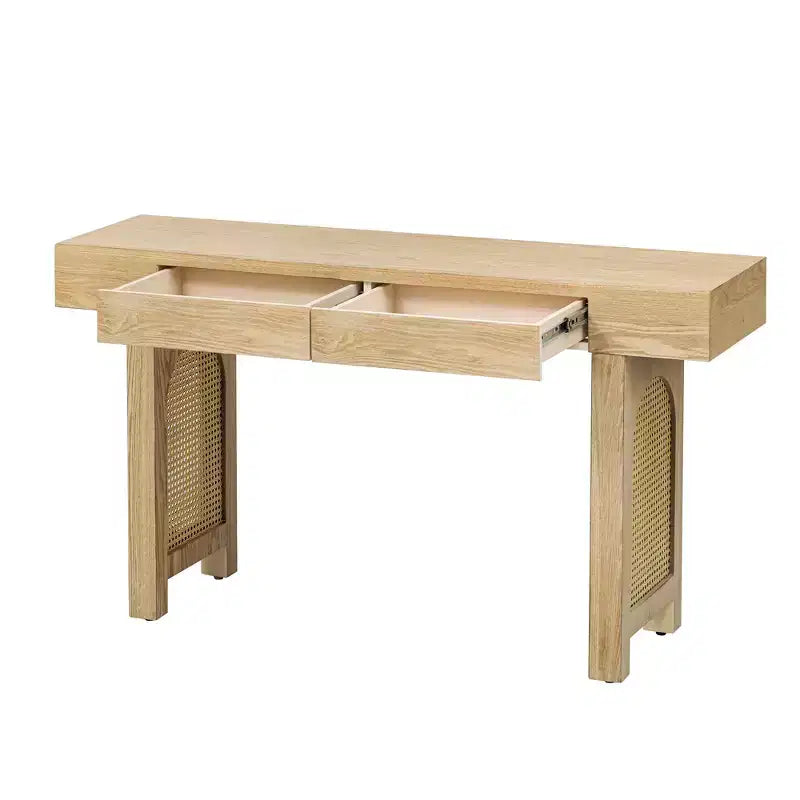 Rattan Narrow Console Table with Storage, Minimalist Wood Entryway Table with Drawers for Living Room and Hallway, Natural