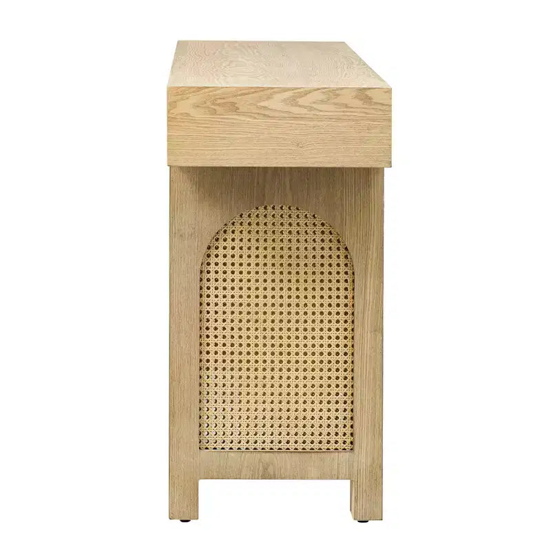 Rattan Narrow Console Table with Storage, Minimalist Wood Entryway Table with Drawers for Living Room and Hallway, Natural