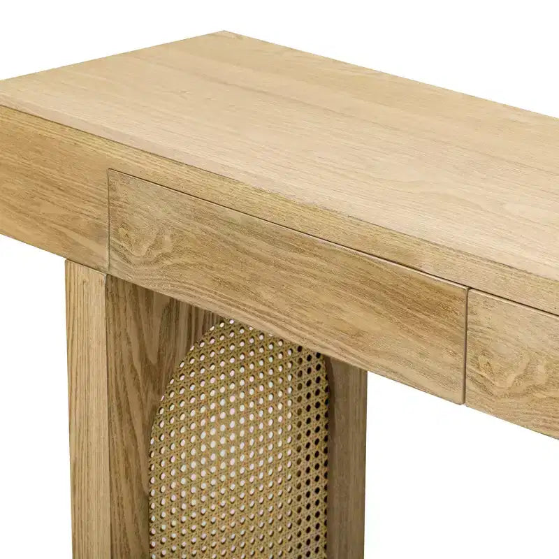 Rattan Narrow Console Table with Storage, Minimalist Wood Entryway Table with Drawers for Living Room and Hallway, Natural