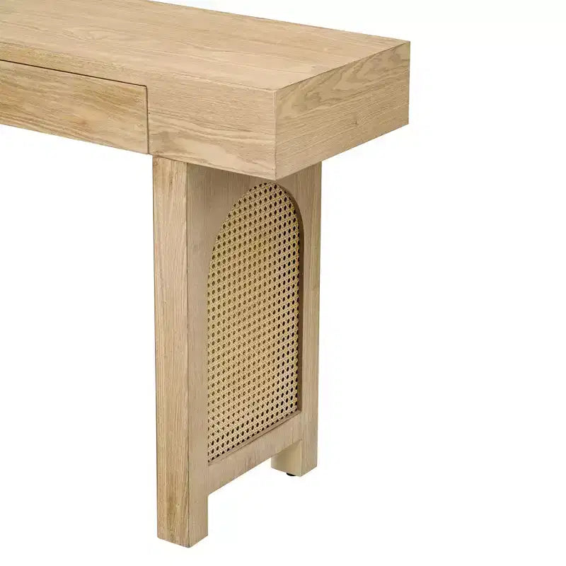 Rattan Narrow Console Table with Storage, Minimalist Wood Entryway Table with Drawers for Living Room and Hallway, Natural