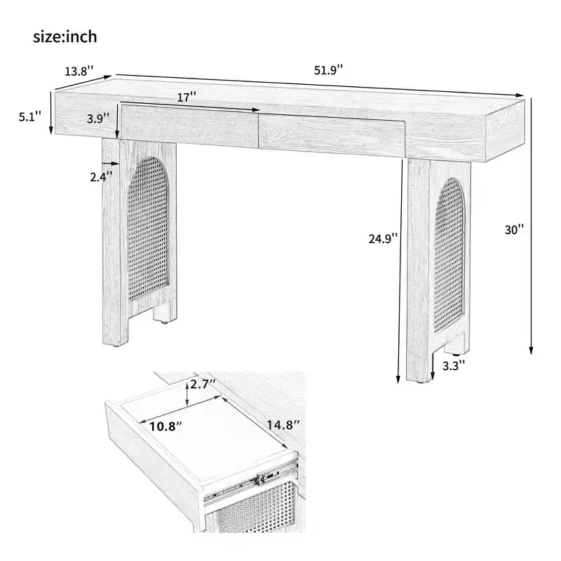 Rattan Narrow Console Table with Storage, Minimalist Wood Entryway Table with Drawers for Living Room and Hallway, Natural
