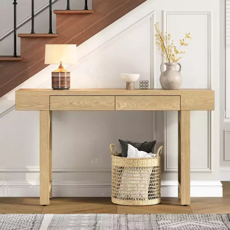 Rattan Narrow Console Table with Storage, Minimalist Wood Entryway Table with Drawers for Living Room and Hallway, Natural