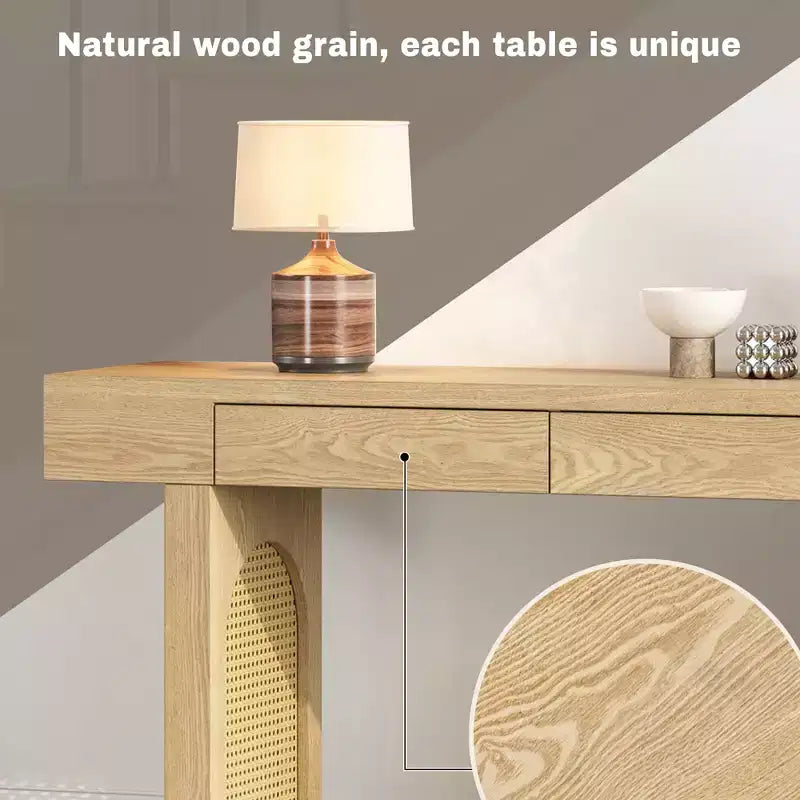 Rattan Narrow Console Table with Storage, Minimalist Wood Entryway Table with Drawers for Living Room and Hallway, Natural