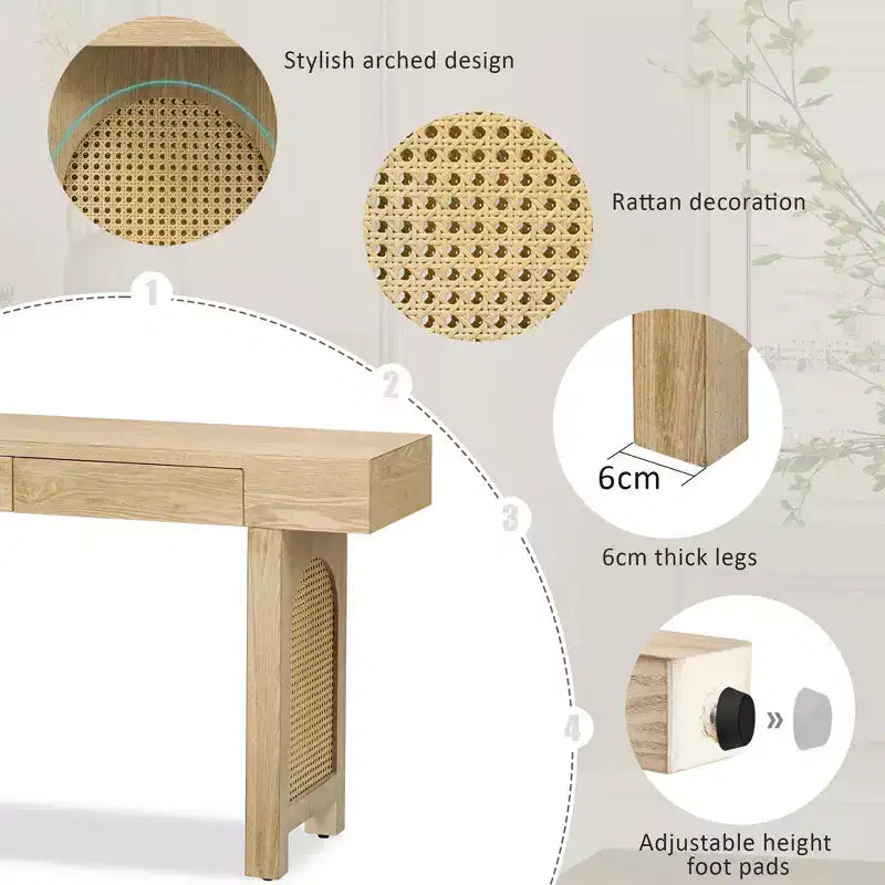 Rattan Narrow Console Table with Storage, Minimalist Wood Entryway Table with Drawers for Living Room and Hallway, Natural