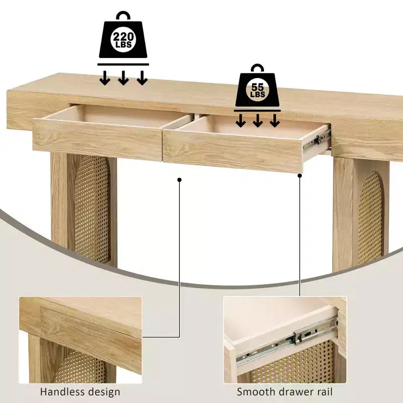Rattan Narrow Console Table with Storage, Minimalist Wood Entryway Table with Drawers for Living Room and Hallway, Natural