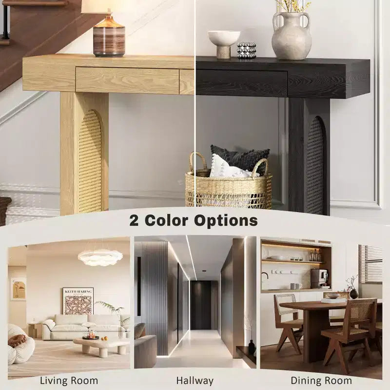 Rattan Narrow Console Table with Storage, Minimalist Wood Entryway Table with Drawers for Living Room and Hallway, Natural
