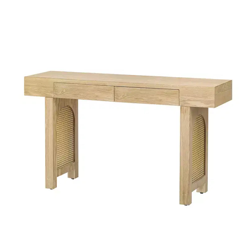 Rattan Narrow Console Table with Storage, Minimalist Wood Entryway Table with Drawers for Living Room and Hallway, Natural
