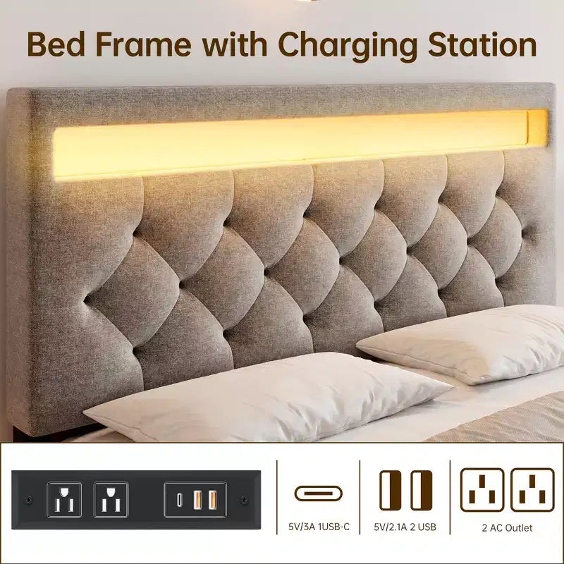 Bed Frame, Adjustable Headboard, Wood Slat Support Bed Frame, Strong Support Slats, No Box Spring Needed, Easy Assembly