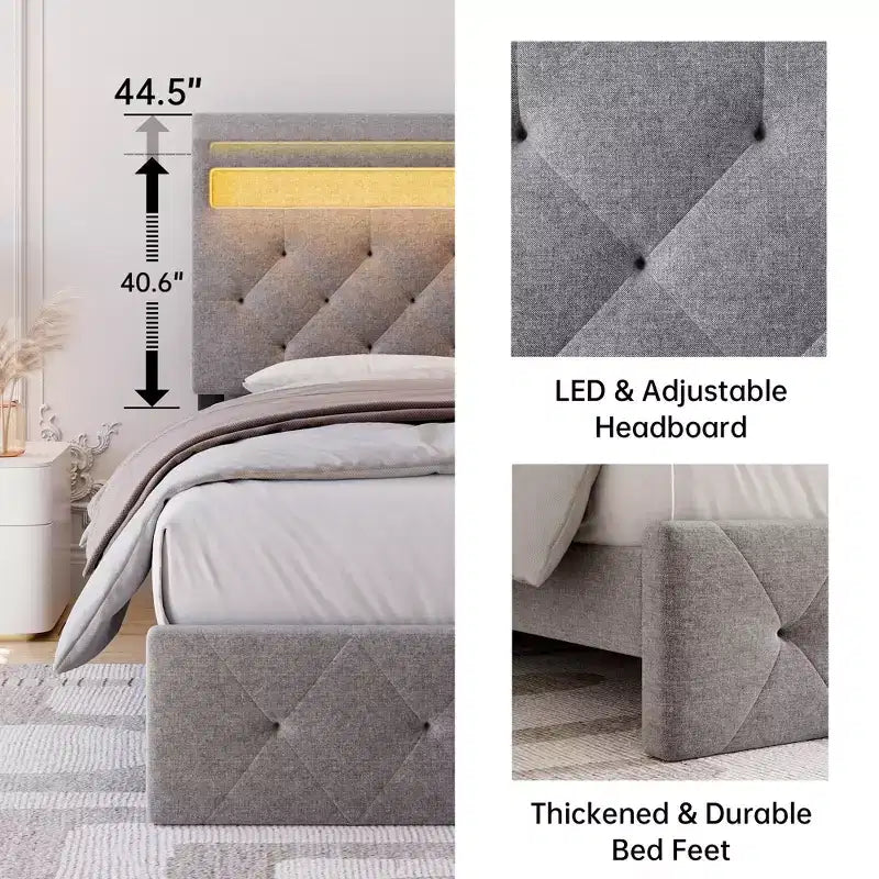 Bed Frame, Adjustable Headboard, Wood Slat Support Bed Frame, Strong Support Slats, No Box Spring Needed, Easy Assembly