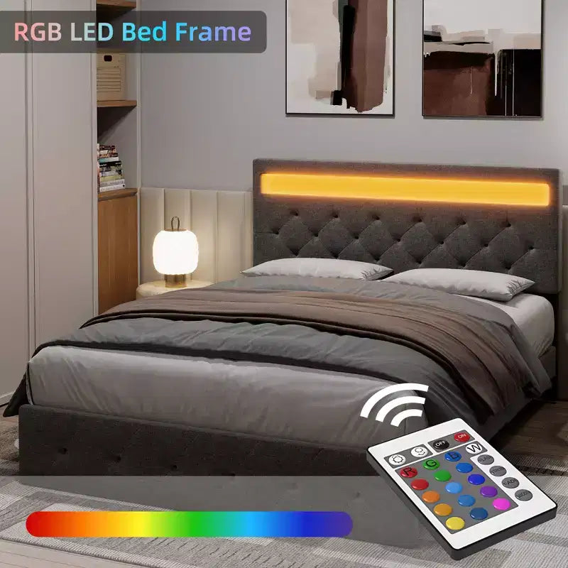 Bed Frame, Adjustable Headboard, Wood Slat Support Bed Frame, Strong Support Slats, No Box Spring Needed, Easy Assembly
