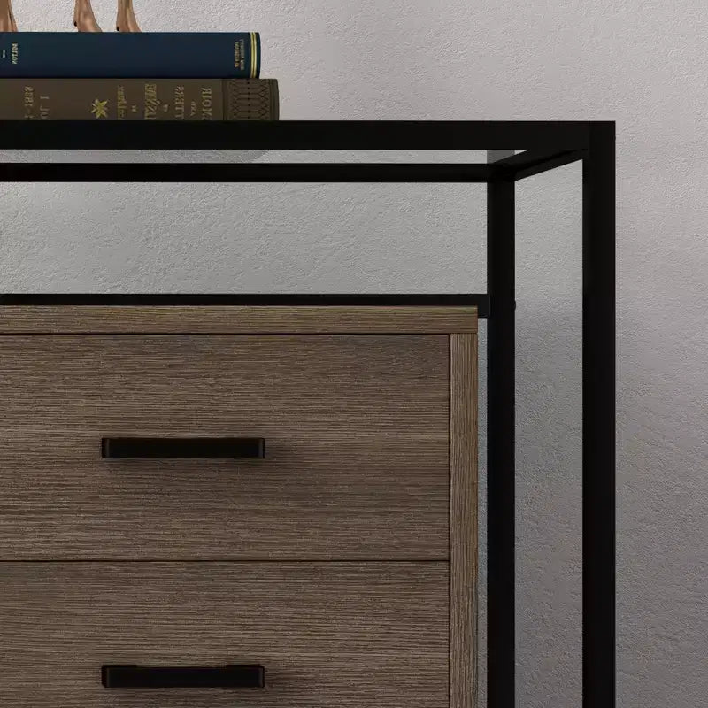 Storage cabinet, six drawers, tempered glass and wooden base, durable steel frame and spacious drawers, suitable for living room, entryway, bedroom.