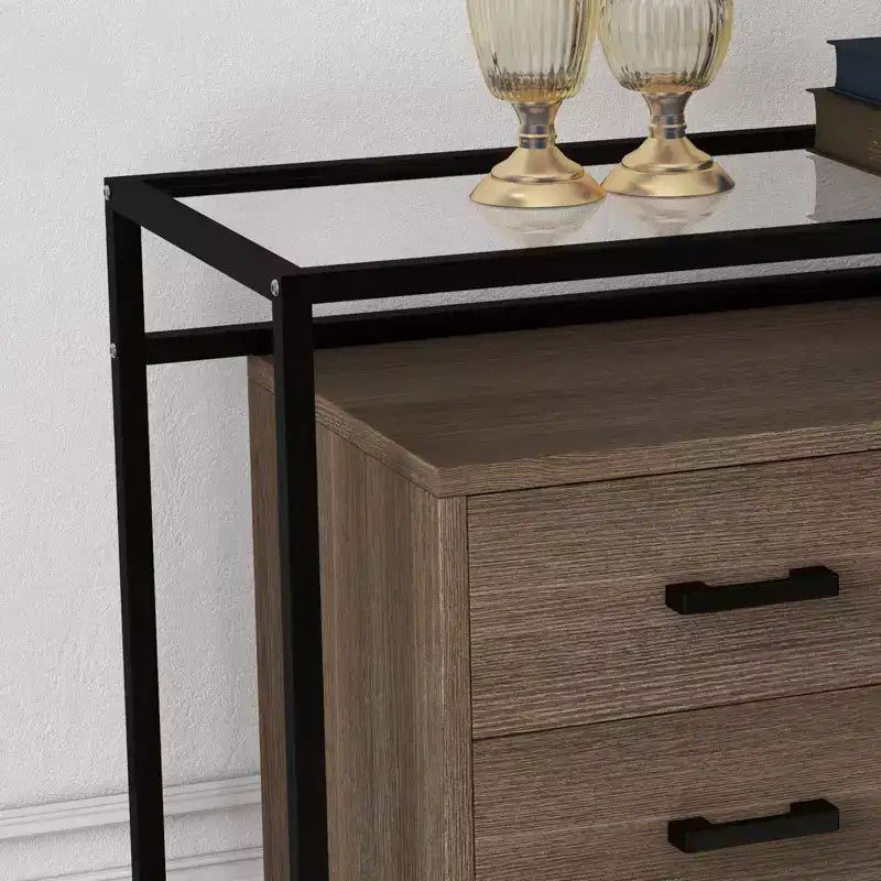Storage cabinet, six drawers, tempered glass and wooden base, durable steel frame and spacious drawers, suitable for living room, entryway, bedroom.