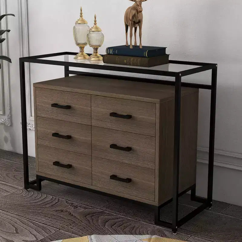 Storage cabinet, six drawers, tempered glass and wooden base, durable steel frame and spacious drawers, suitable for living room, entryway, bedroom.