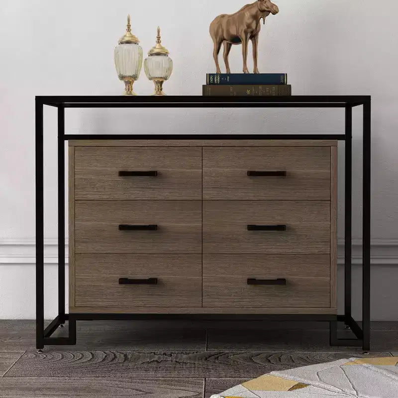 Storage cabinet, six drawers, tempered glass and wooden base, durable steel frame and spacious drawers, suitable for living room, entryway, bedroom.
