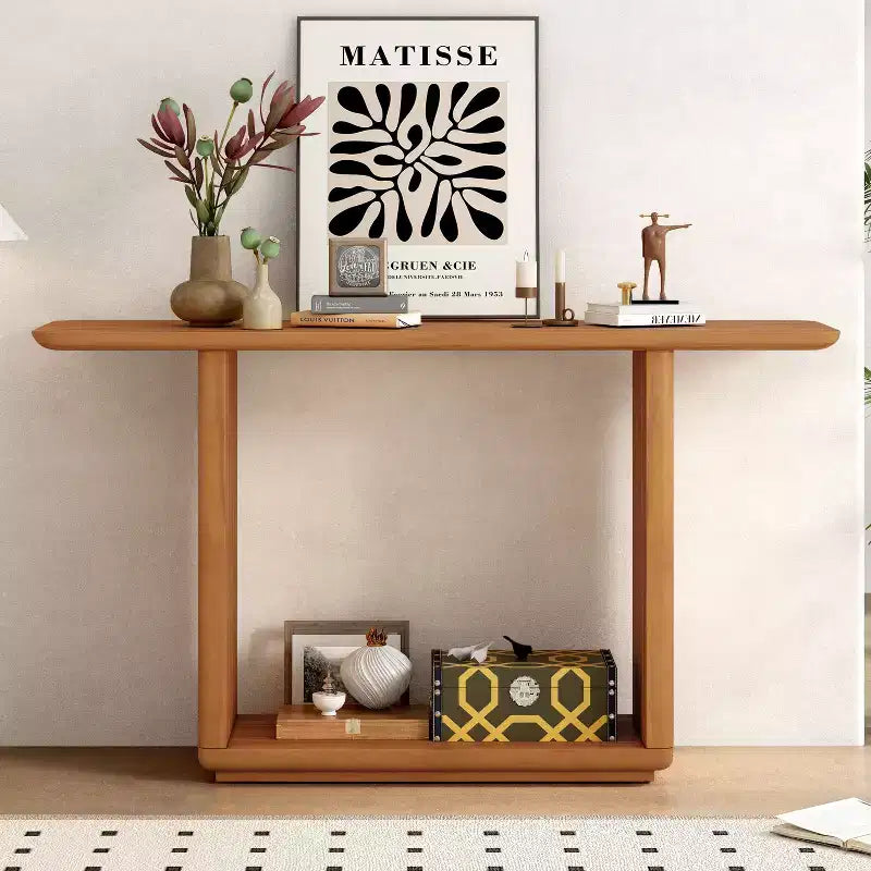 Okak Natural Wood Veneer Console Table with U-Base Design,Curved Corners Entryway Table Foyer Table for Living Room,Hallway
