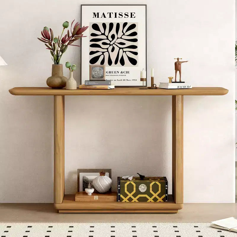 Okak Natural Wood Veneer Console Table with U-Base Design,Curved Corners Entryway Table Foyer Table for Living Room,Hallway