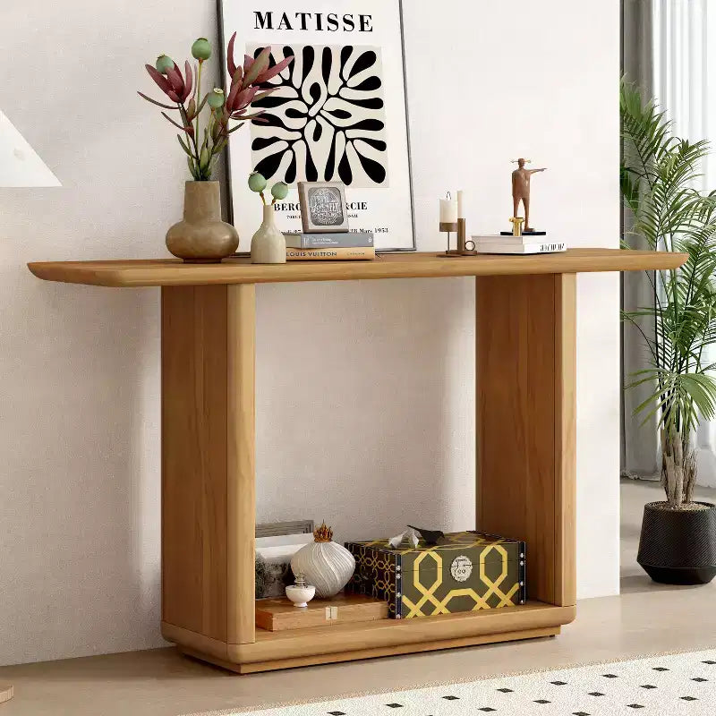 Okak Natural Wood Veneer Console Table with U-Base Design,Curved Corners Entryway Table Foyer Table for Living Room,Hallway