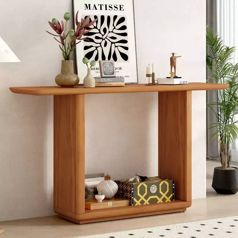 Okak Natural Wood Veneer Console Table with U-Base Design,Curved Corners Entryway Table Foyer Table for Living Room,Hallway