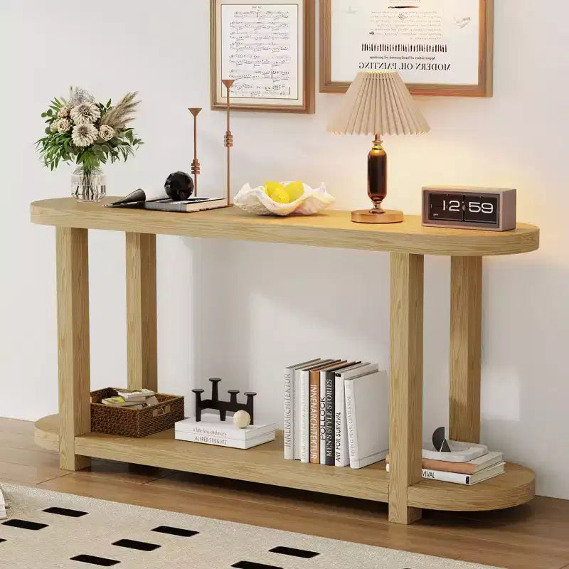 Okak 2-Tier Minimalist Ash Veneer Oval Console Table with Streamlined Top,Modern Entryway Table for Study,Hallway,Living Room