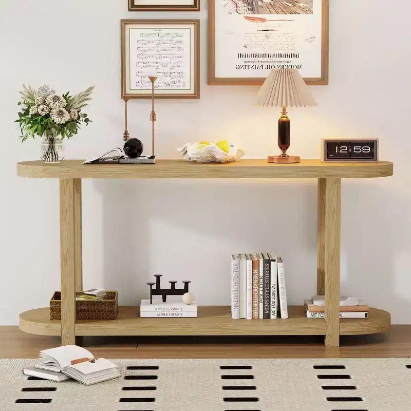 Okak 2-Tier Minimalist Ash Veneer Oval Console Table with Streamlined Top,Modern Entryway Table for Study,Hallway,Living Room