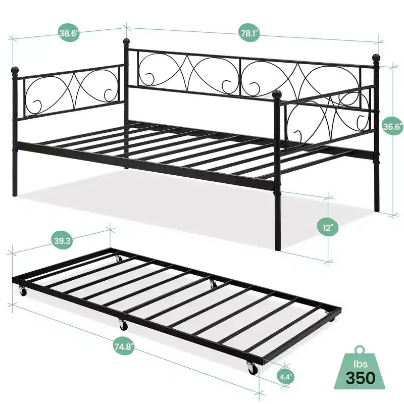GustoWave Sofa Bed with Trundle, Twin Size Metal Daybed with Floral Headboard,Multifunctional Bed, for Bedroom, Living Room, Guest Room