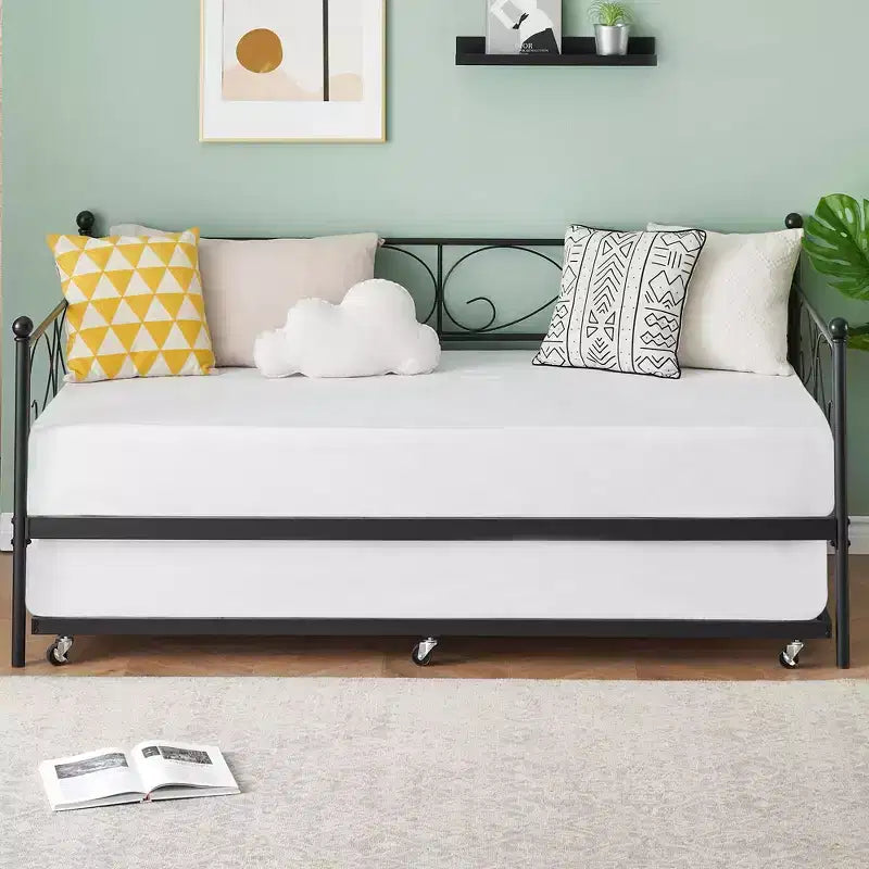 GustoWave Sofa Bed with Trundle, Twin Size Metal Daybed with Floral Headboard,Multifunctional Bed, for Bedroom, Living Room, Guest Room