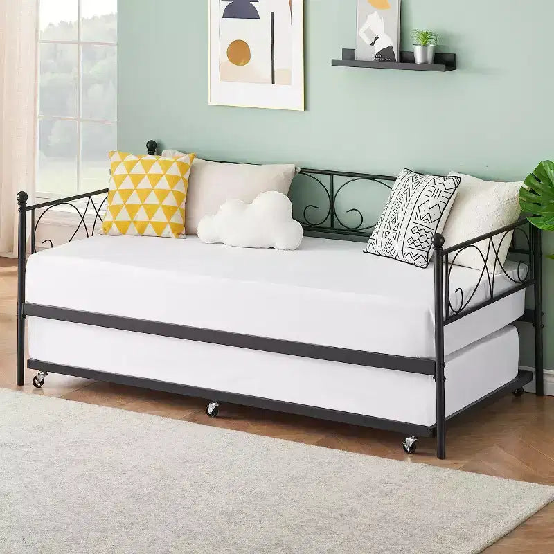 GustoWave Sofa Bed with Trundle, Twin Size Metal Daybed with Floral Headboard,Multifunctional Bed, for Bedroom, Living Room, Guest Room