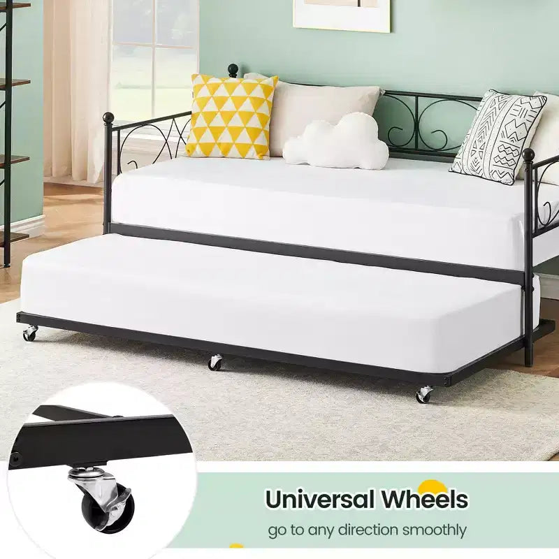 GustoWave Sofa Bed with Trundle, Twin Size Metal Daybed with Floral Headboard,Multifunctional Bed, for Bedroom, Living Room, Guest Room