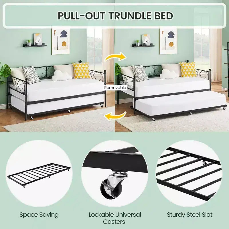 GustoWave Sofa Bed with Trundle, Twin Size Metal Daybed with Floral Headboard,Multifunctional Bed, for Bedroom, Living Room, Guest Room
