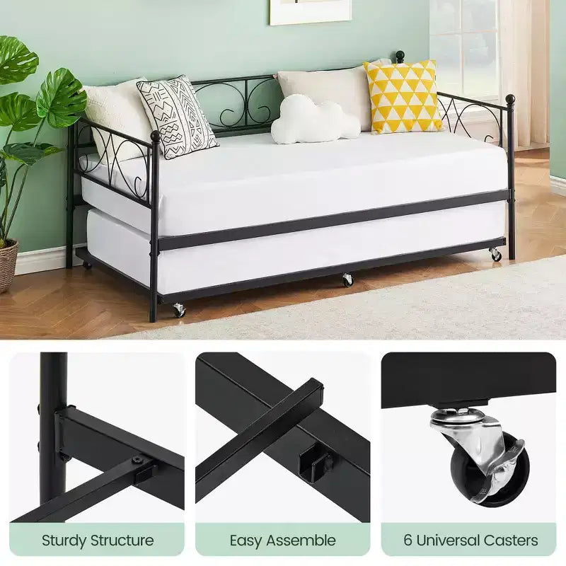 GustoWave Sofa Bed with Trundle, Twin Size Metal Daybed with Floral Headboard,Multifunctional Bed, for Bedroom, Living Room, Guest Room