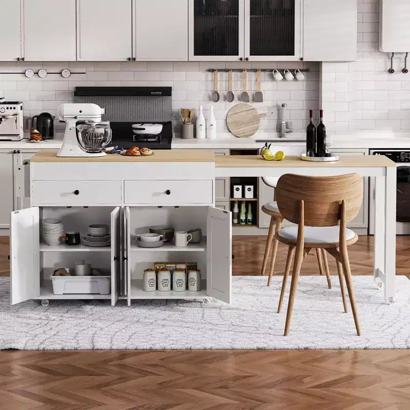 Okak Kitchen Island with Extendable Table, Rolling Kitchen Island with Spice Rack, 2 Drawers and 4 Doors, Kitchen Cart for Dining Room